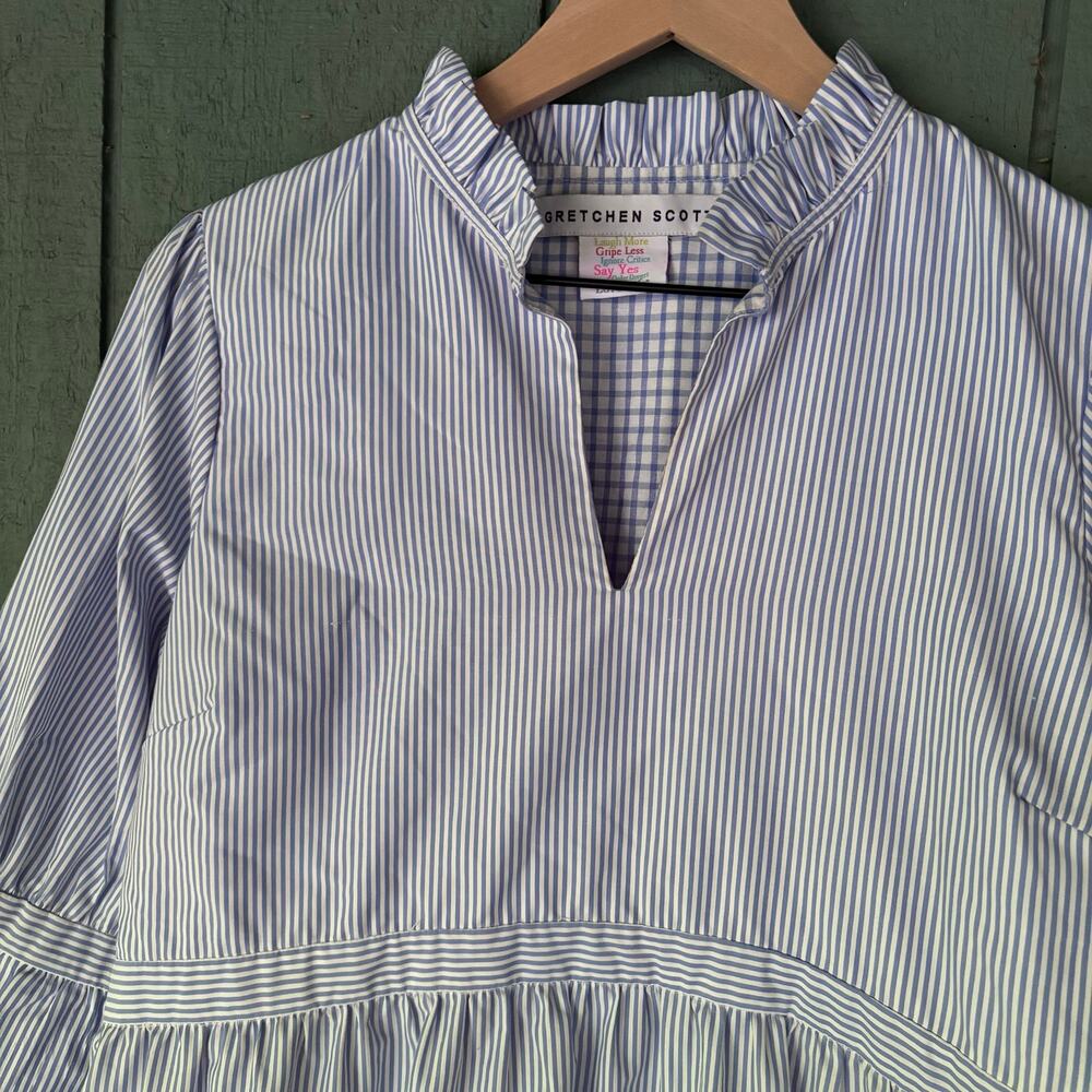 Gretchen Scott Blue and White Striped "So Sweet" Cotton Ruffle Dress SzM Preppy - Picture 3 of 9